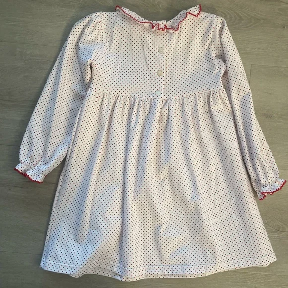 Festive White Polka Dot Kids Dress with Red Trim - Picture 2 of 2